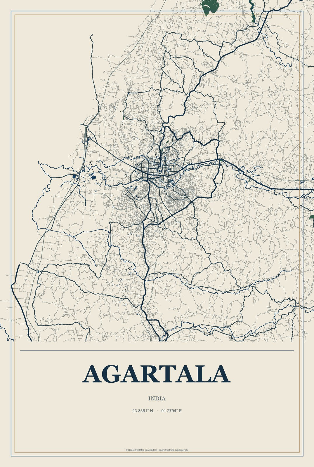Agartala, India City Map Aluminum Sign in Coastal Cutout style