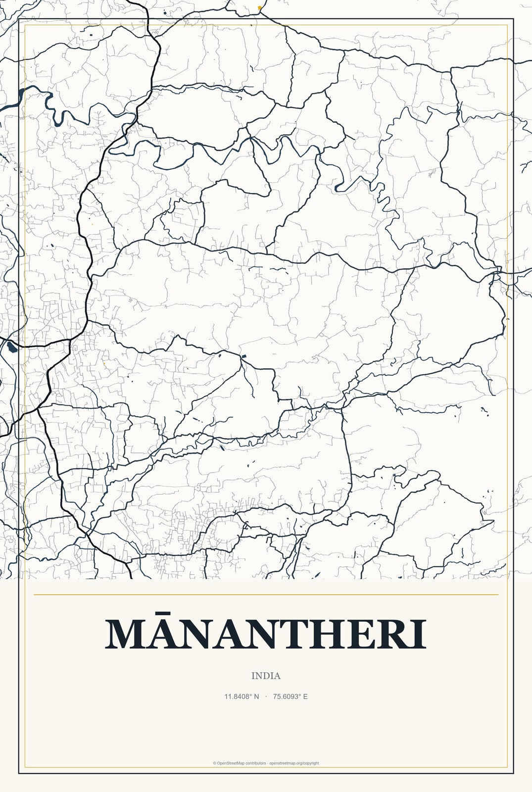Mānantheri, India City Map Aluminum Sign in Citrine Modern style
