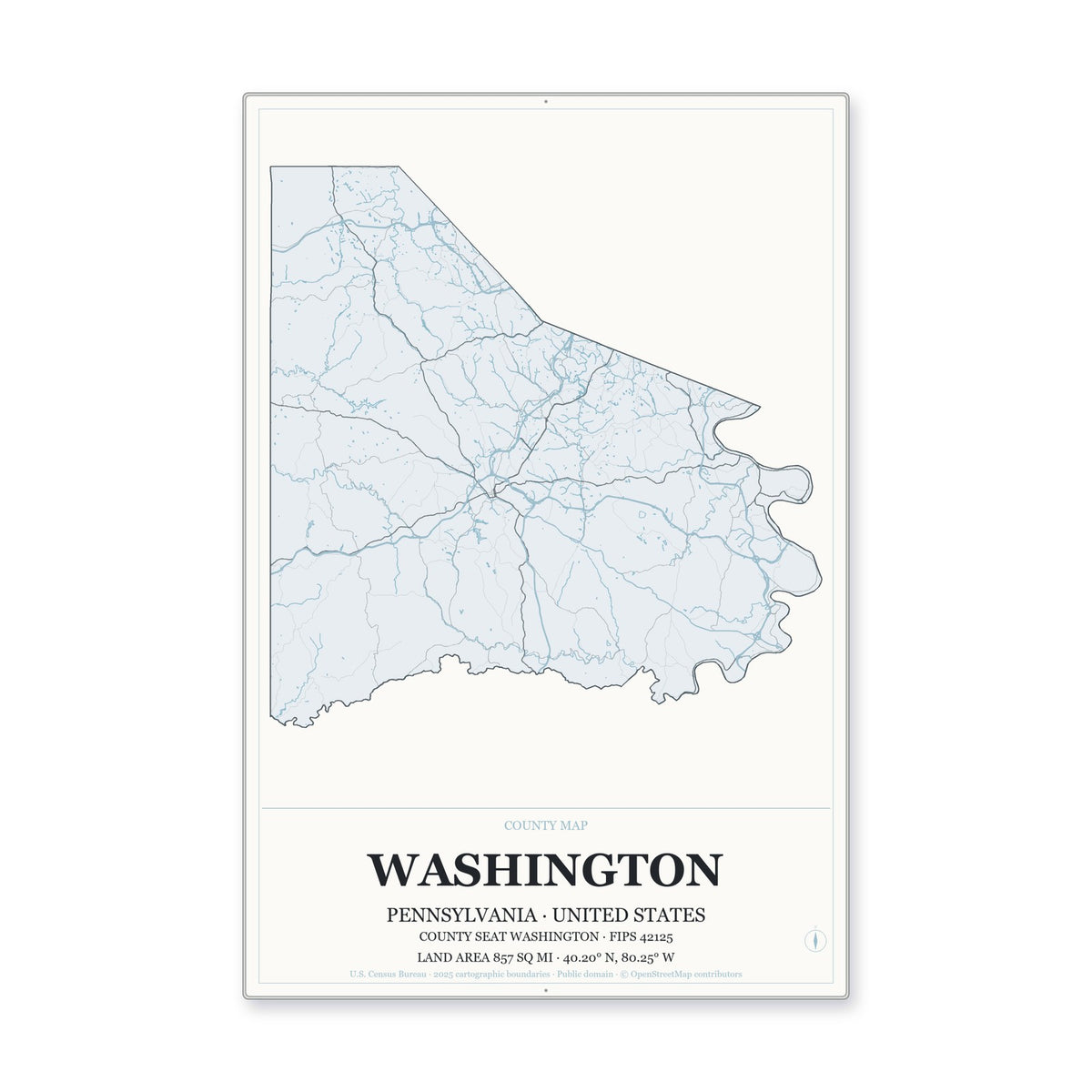 Washington County, Pennsylvania Map Aluminum Sign in Gallery Air style