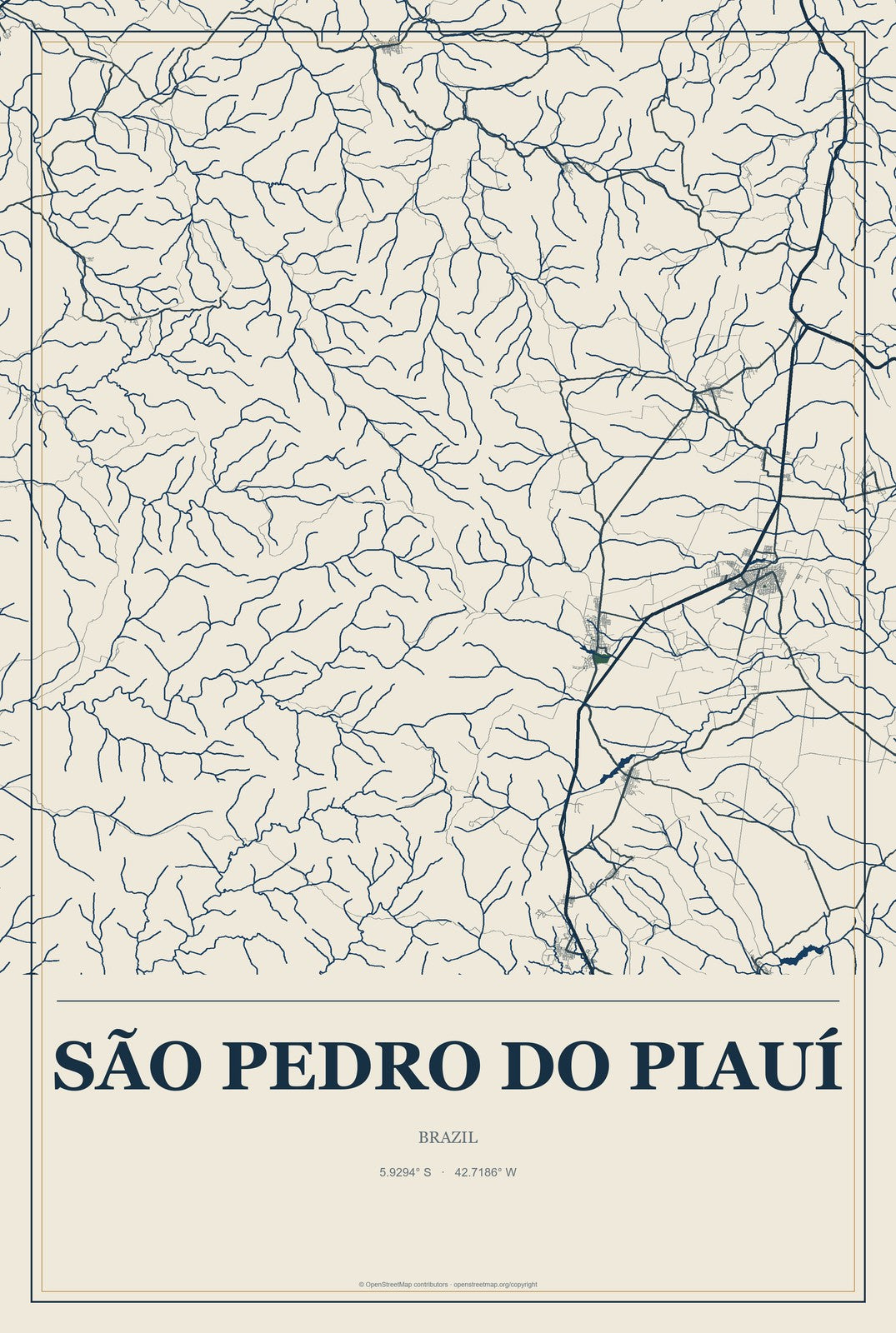 São Pedro do Piauí, Brazil City Map Aluminum Sign in Coastal Cutout style