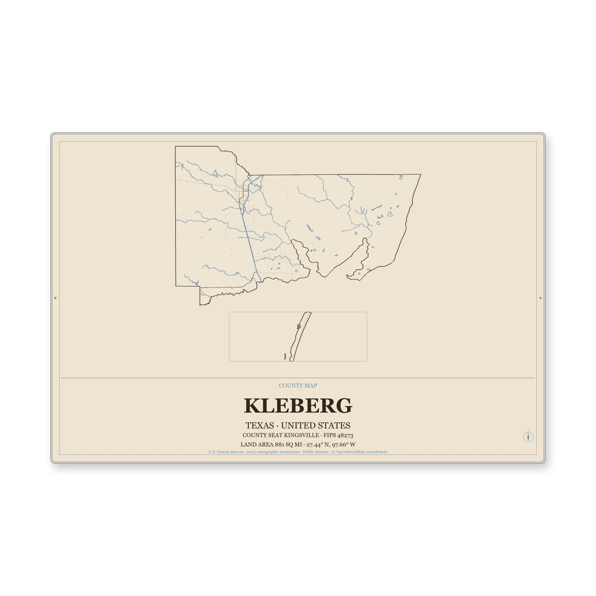 Kleberg County, Texas Map Aluminum Sign in Heritage Nautical style
