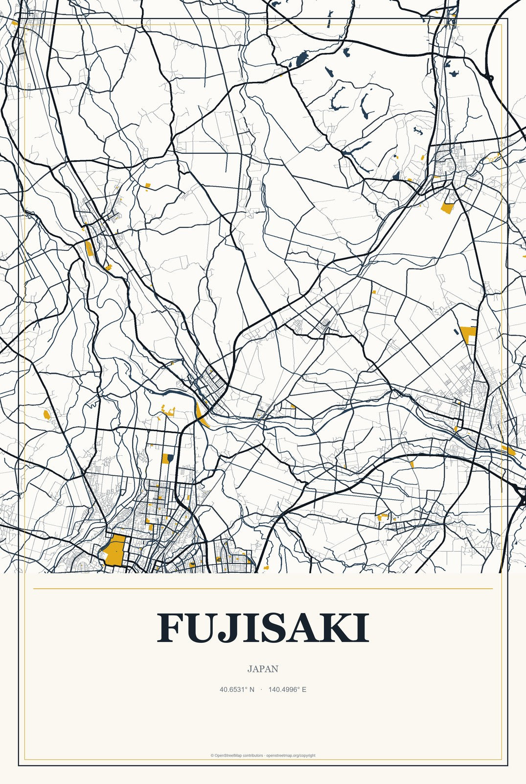 Fujisaki, Japan City Map Aluminum Sign in Citrine Modern style