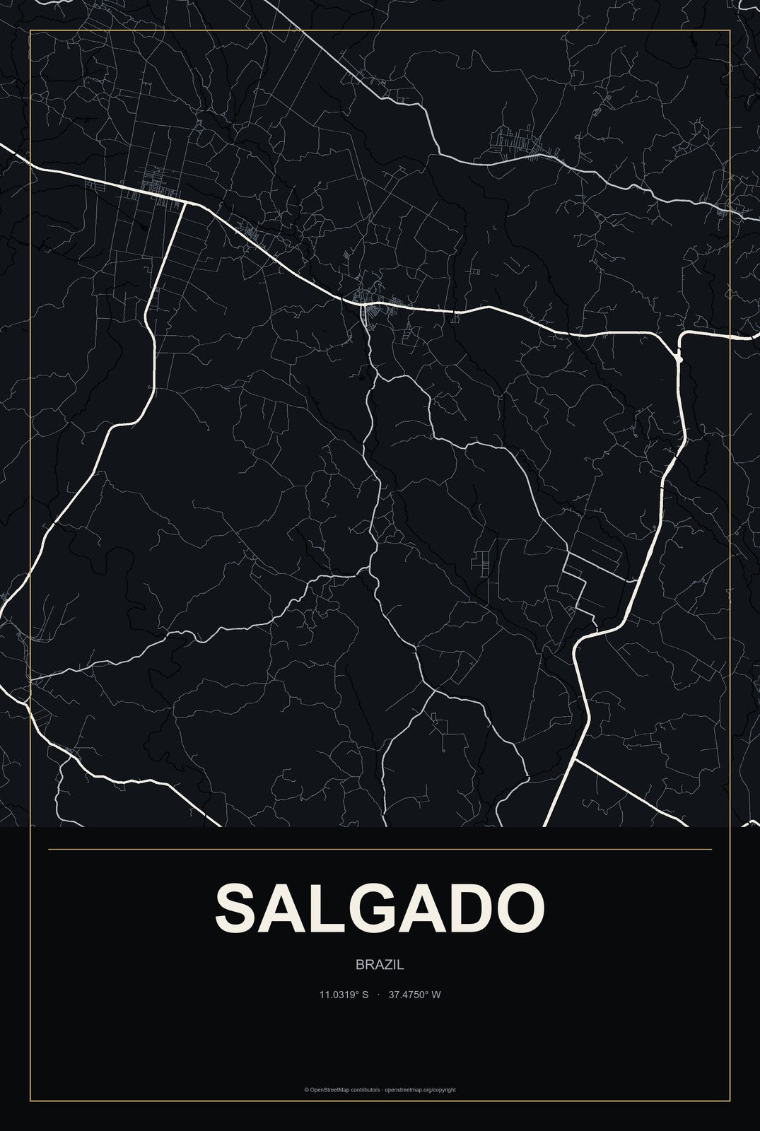 Salgado, Brazil City Map Aluminum Sign in Metropolitan Noir style