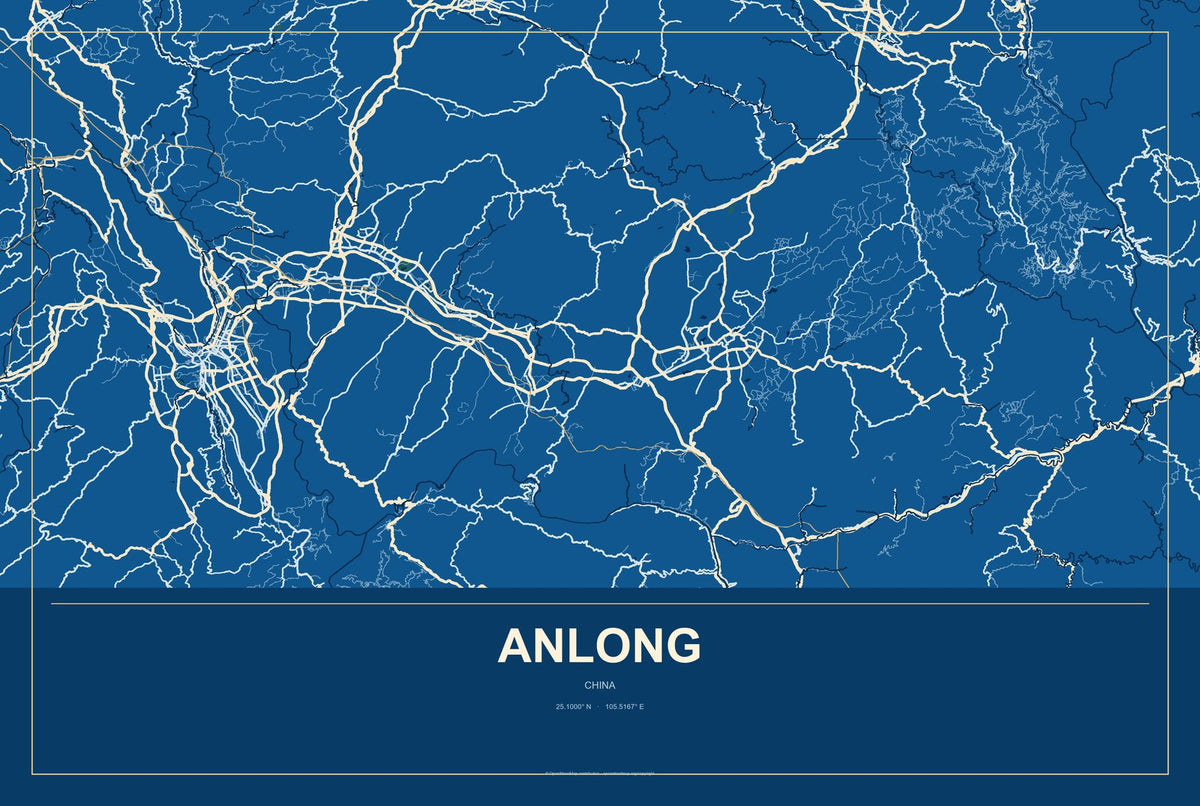 Anlong, China City Map Aluminum Sign in Harbor Cobalt style
