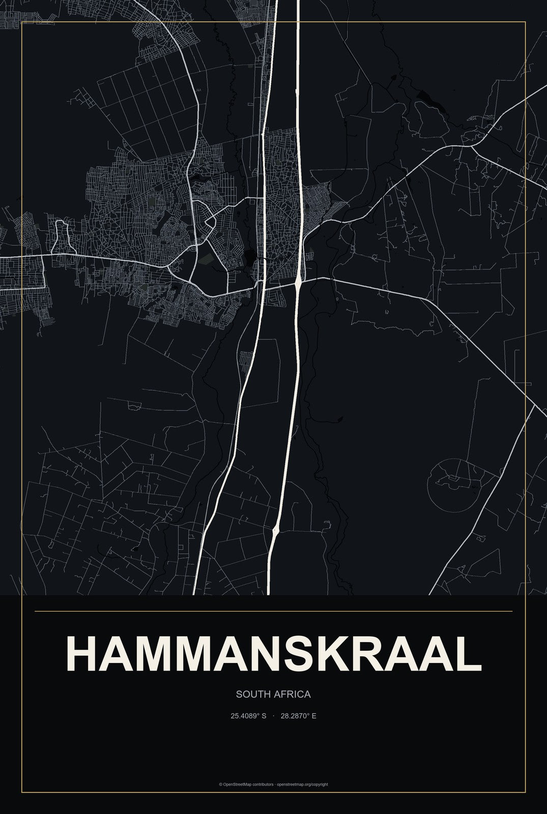 Hammanskraal, South Africa City Map Aluminum Sign in Metropolitan Noir style
