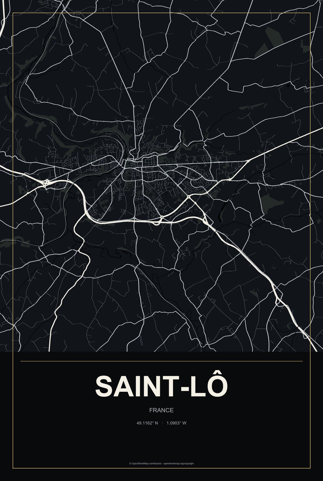 Saint-Lô, France City Map Aluminum Sign in Metropolitan Noir style