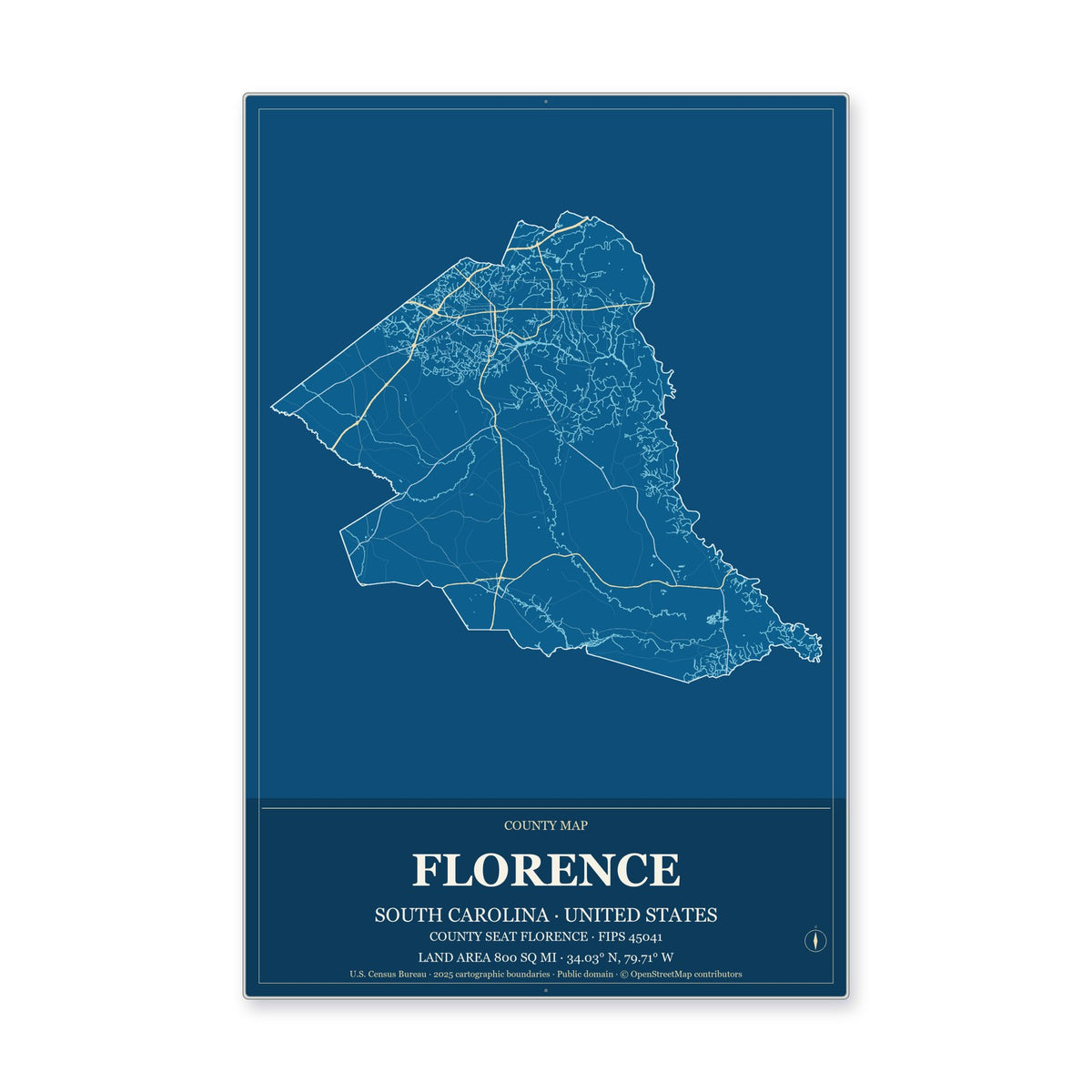 Florence County, South Carolina Map Aluminum Sign in Harbor Cobalt style