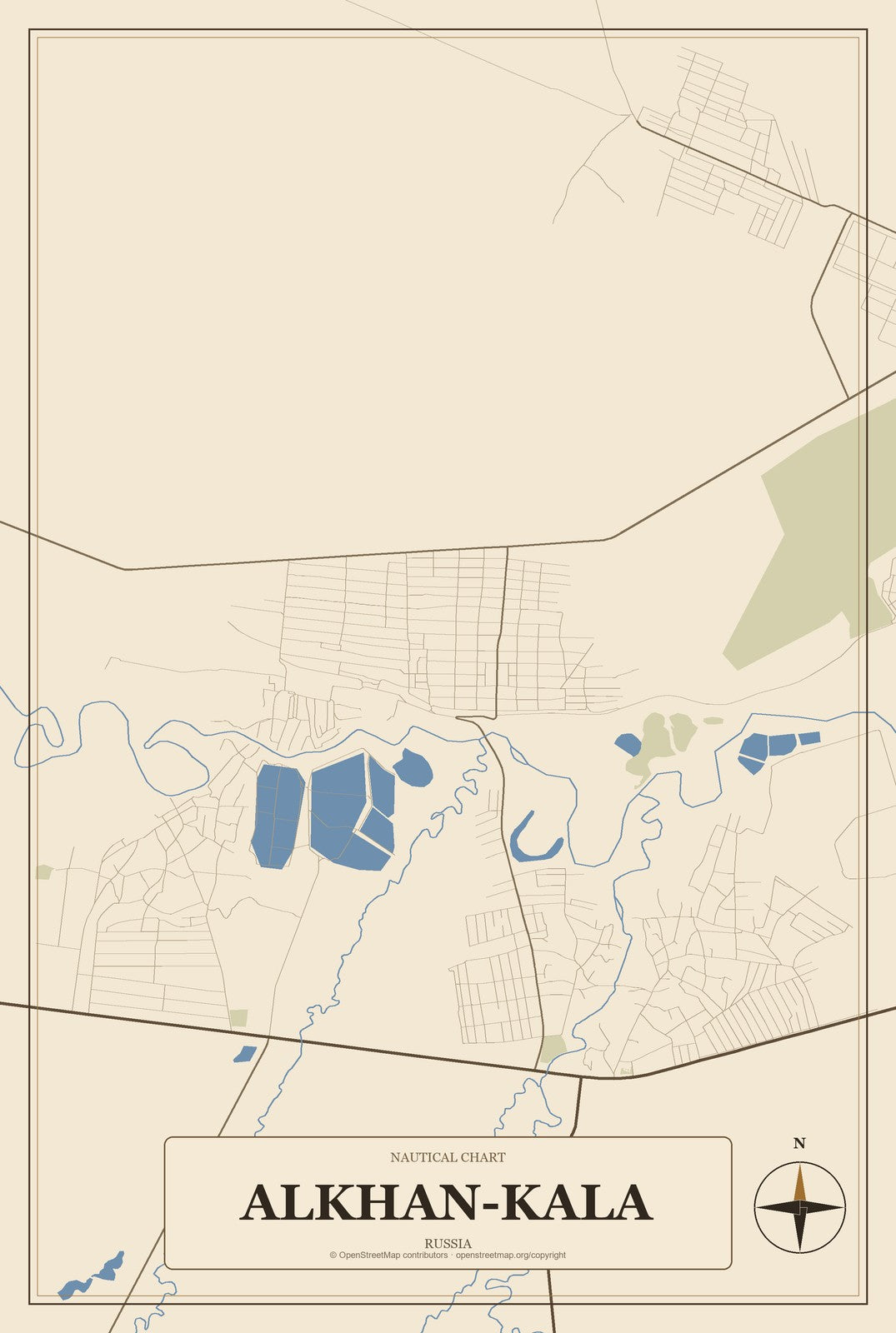 Alkhan-Kala, Russia City Map Aluminum Sign in Heritage Nautical style