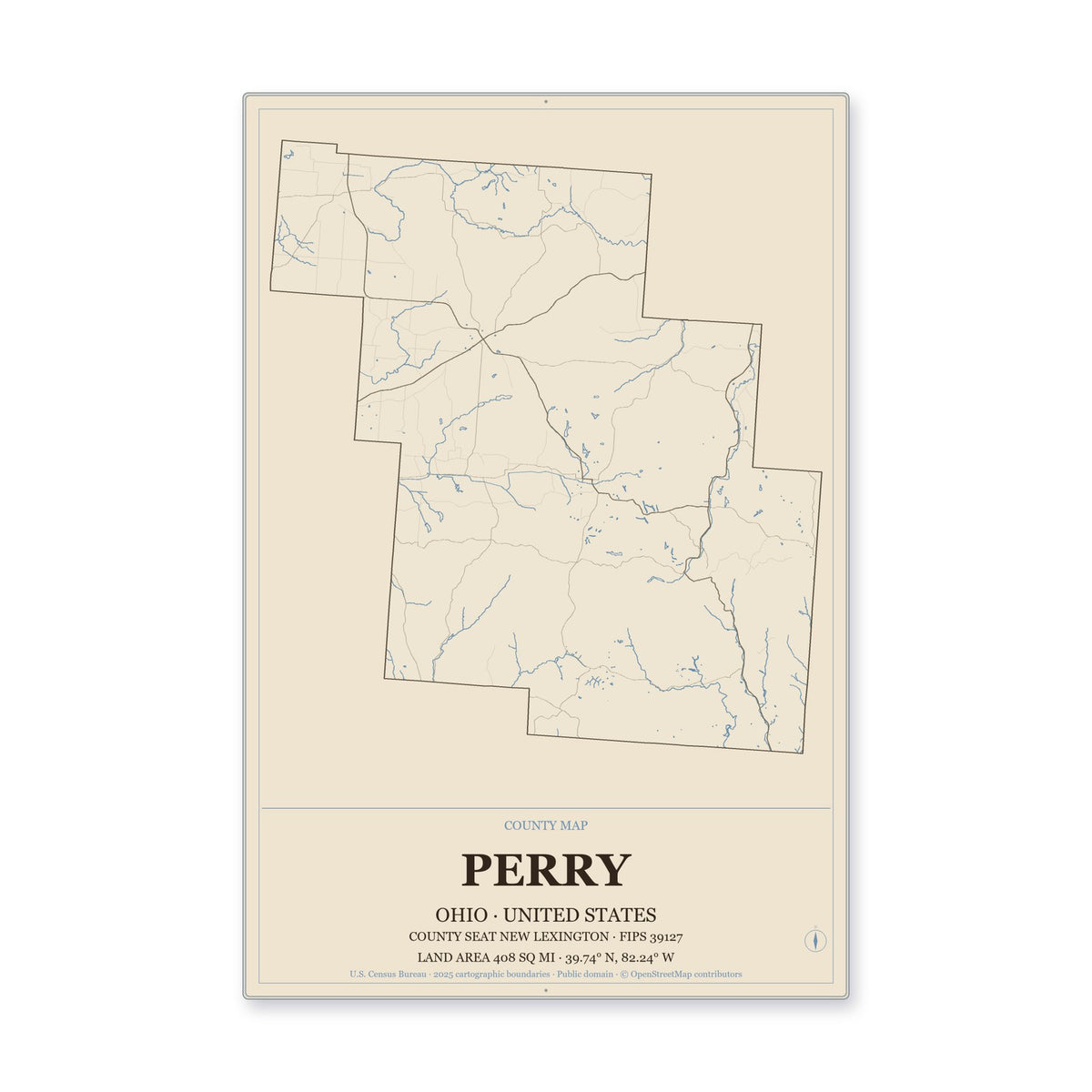 Perry County, Ohio Map Aluminum Sign in Heritage Nautical style