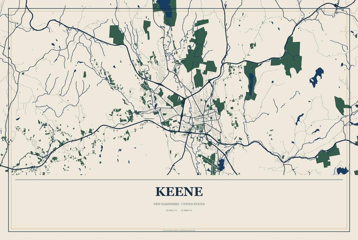 Keene, New Hampshire City Map Aluminum Sign in Coastal Cutout style