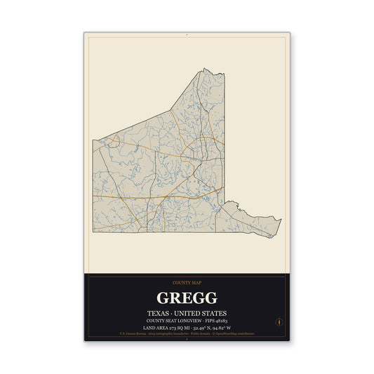 Gregg County, Texas Map Aluminum Sign in Museum Plaque style
