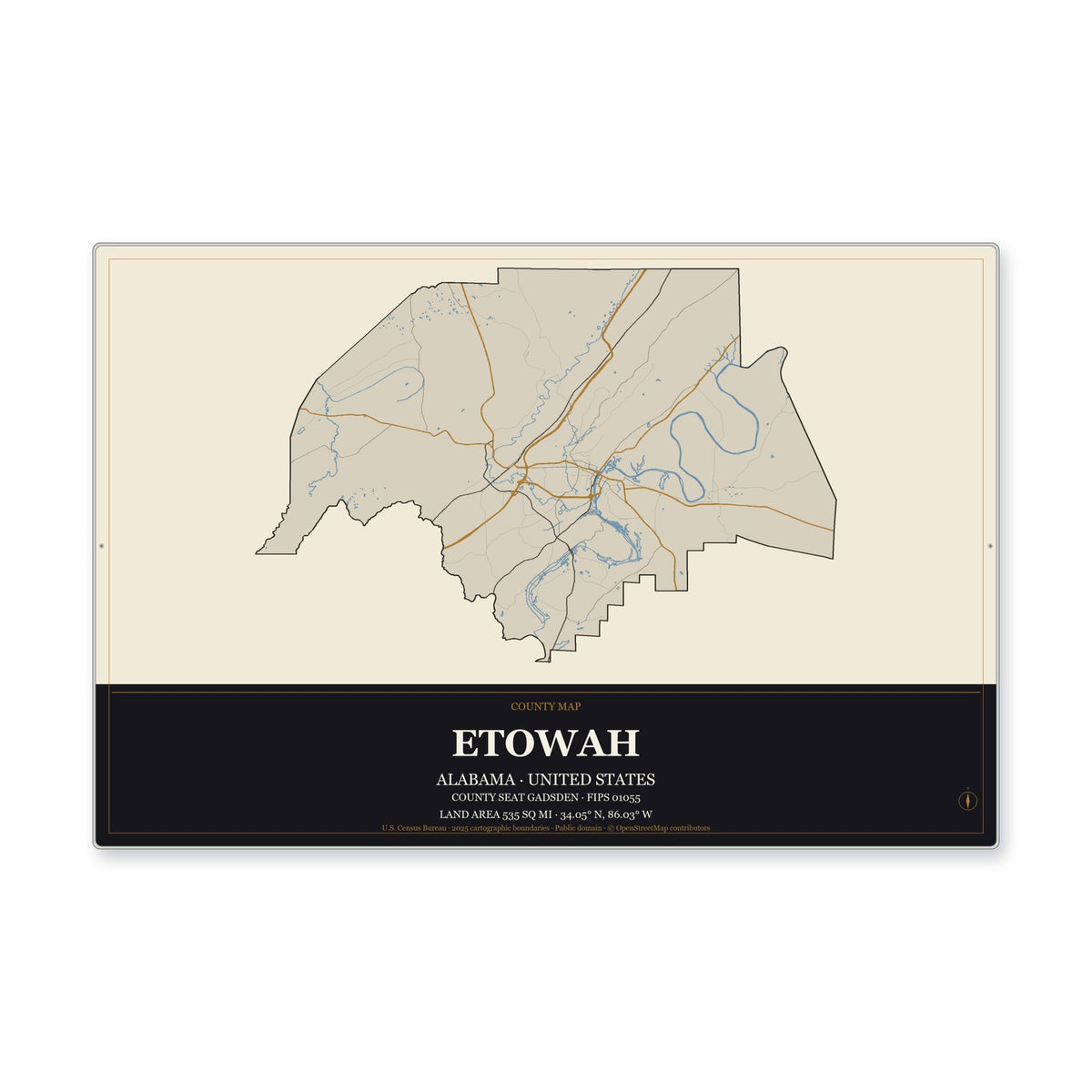 Etowah County, Alabama Map Aluminum Sign in Museum Plaque style