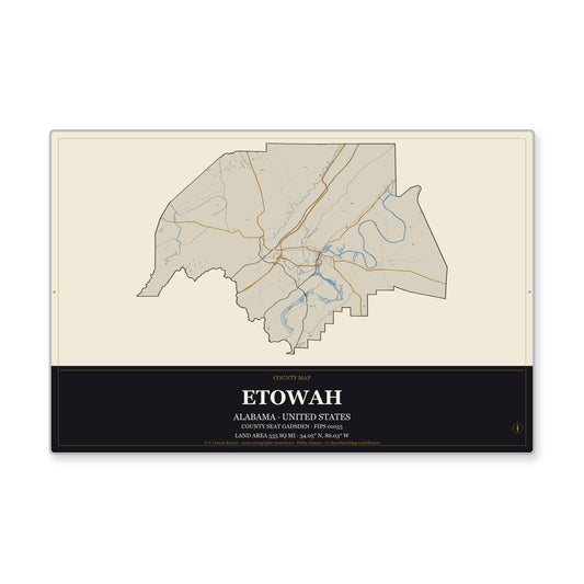 Etowah County, Alabama Map Aluminum Sign in Museum Plaque style