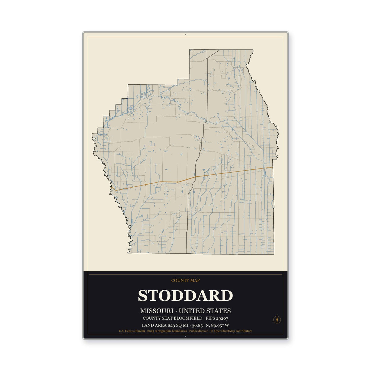 Stoddard County, Missouri Map Aluminum Sign in Museum Plaque style