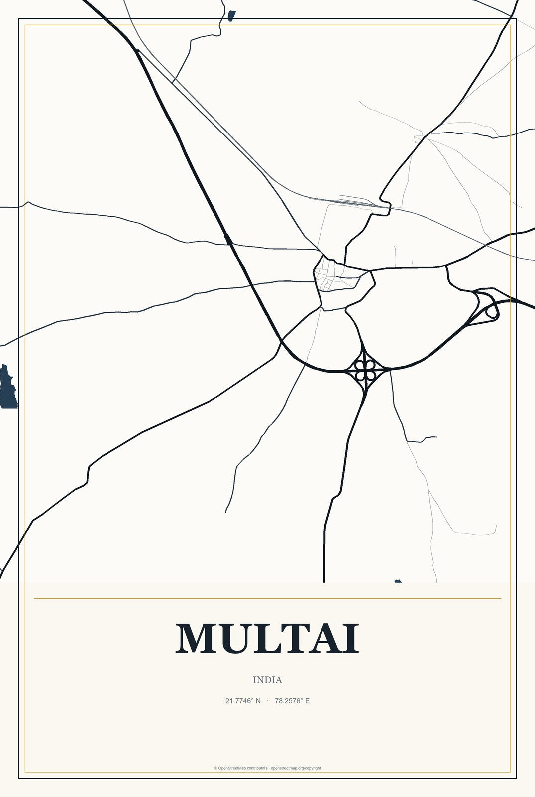 Multai, India City Map Aluminum Sign in Citrine Modern style