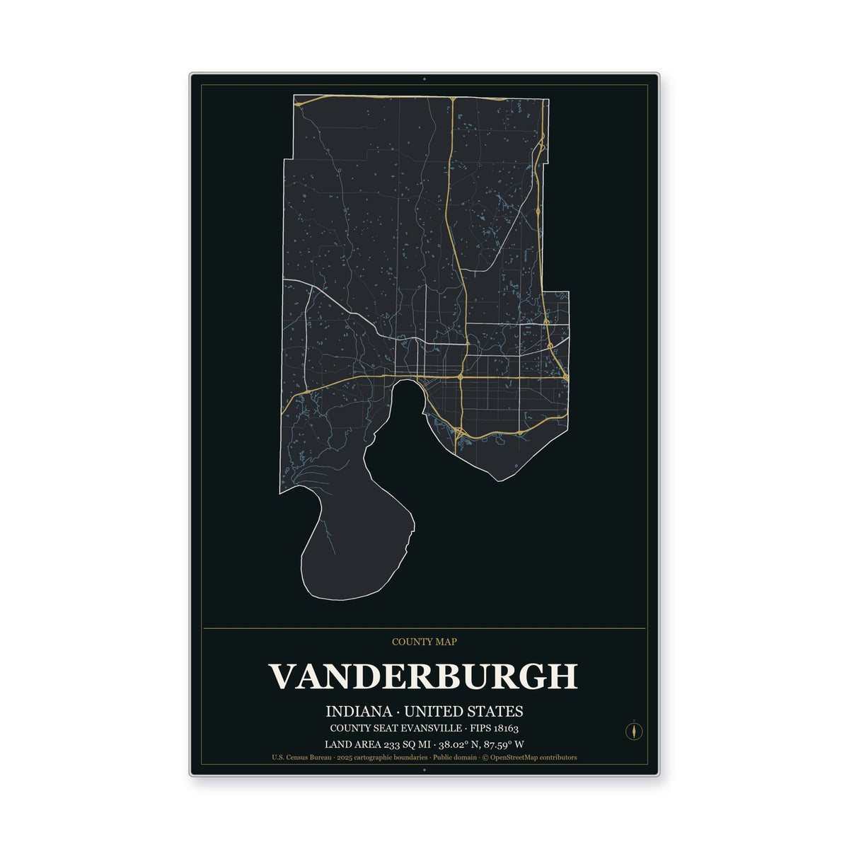 Vanderburgh County, Indiana Map Aluminum Sign in Metropolitan Noir style