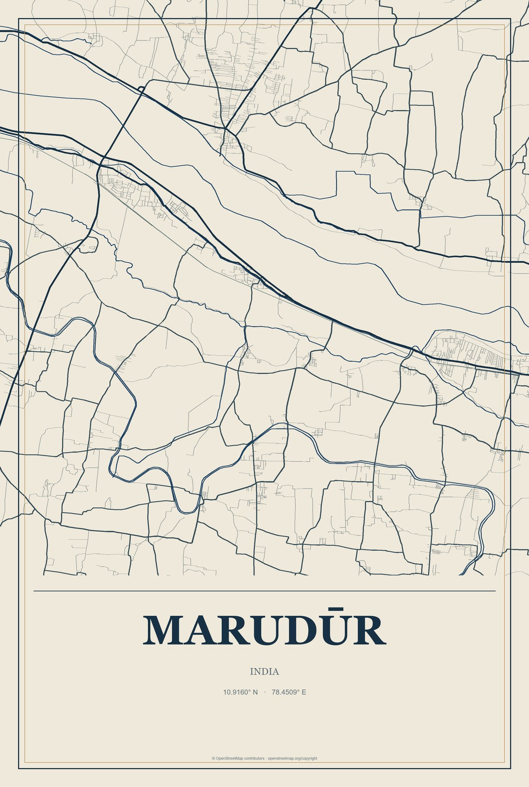Marudūr, India City Map Aluminum Sign in Coastal Cutout style