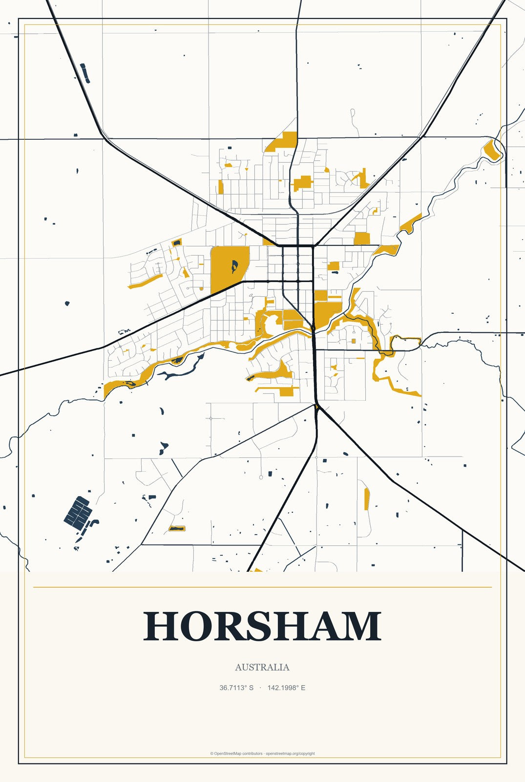 Horsham, Australia City Map Aluminum Sign in Citrine Modern style