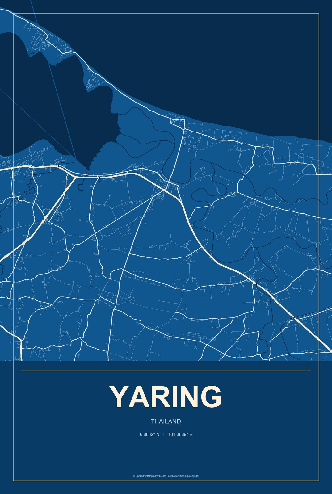 Yaring, Thailand City Map Aluminum Sign in Harbor Cobalt style