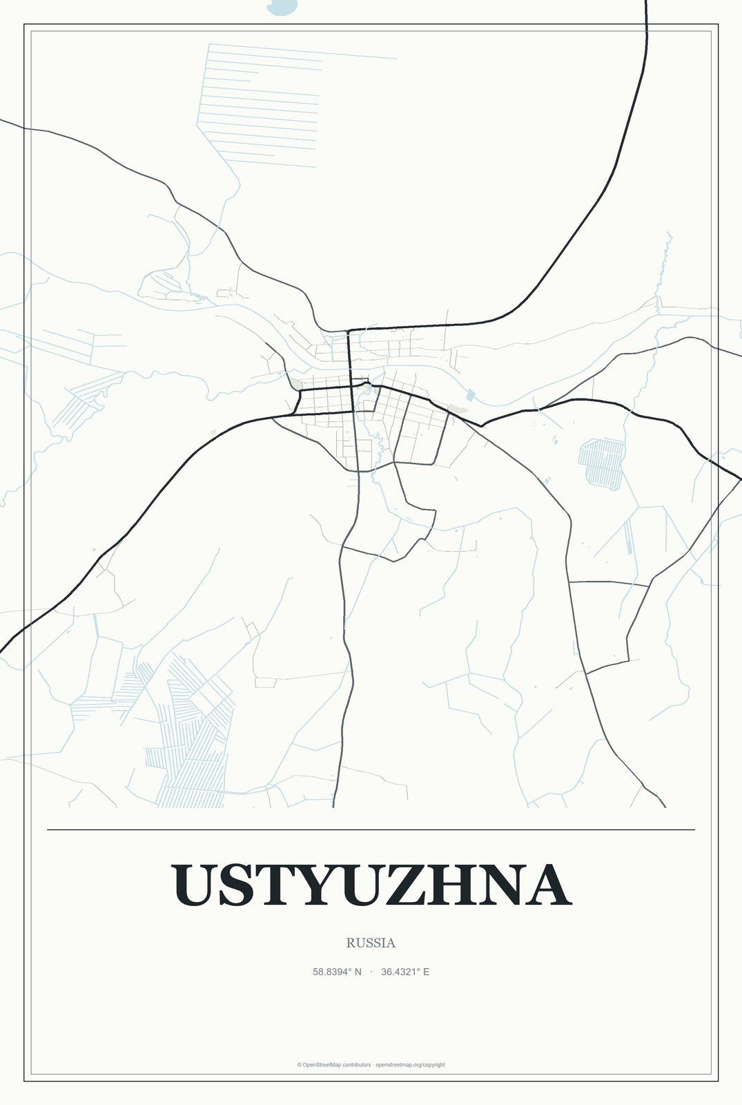 Ustyuzhna, Russia City Map Aluminum Sign in Gallery Air style