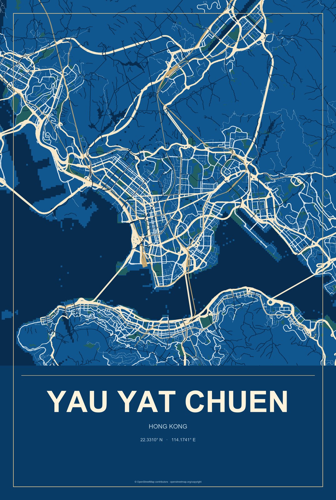 Yau Yat Chuen, Hong Kong City Map Aluminum Sign in Harbor Cobalt style