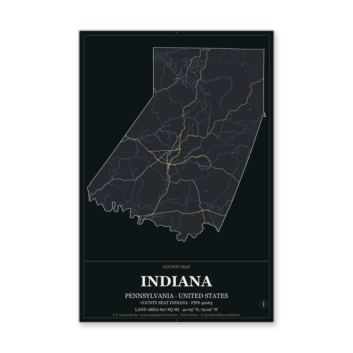Indiana County, Pennsylvania Map Aluminum Sign in Metropolitan Noir style