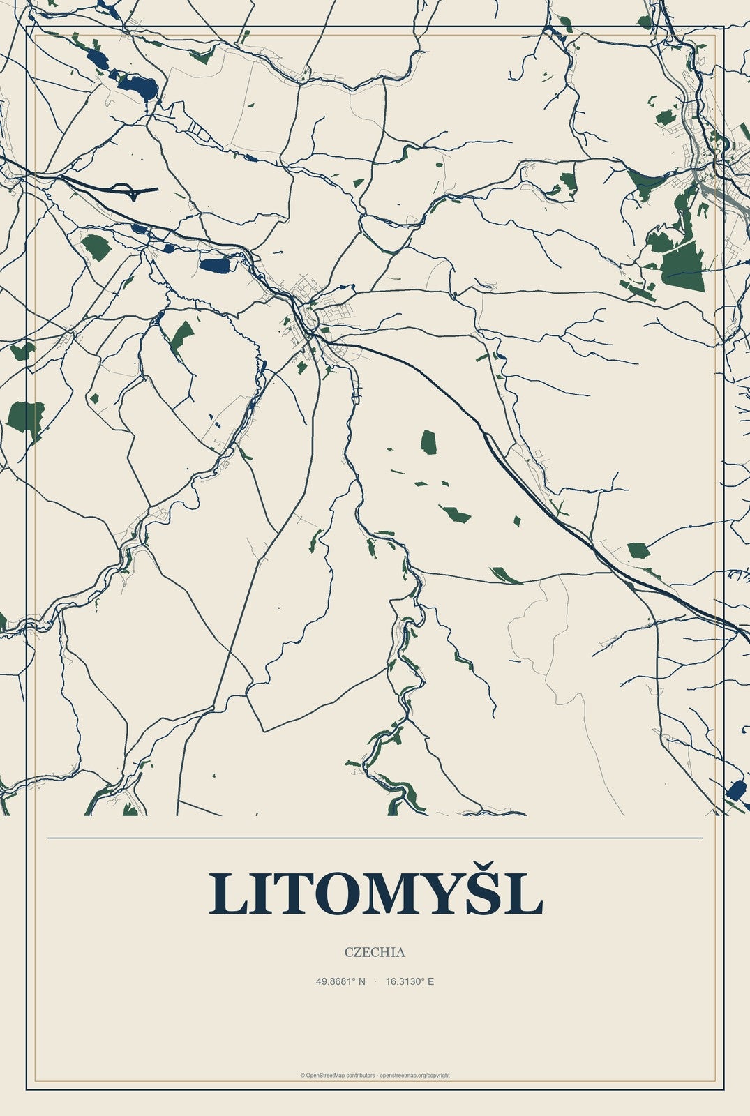 Litomyšl, Czechia City Map Aluminum Sign in Coastal Cutout style