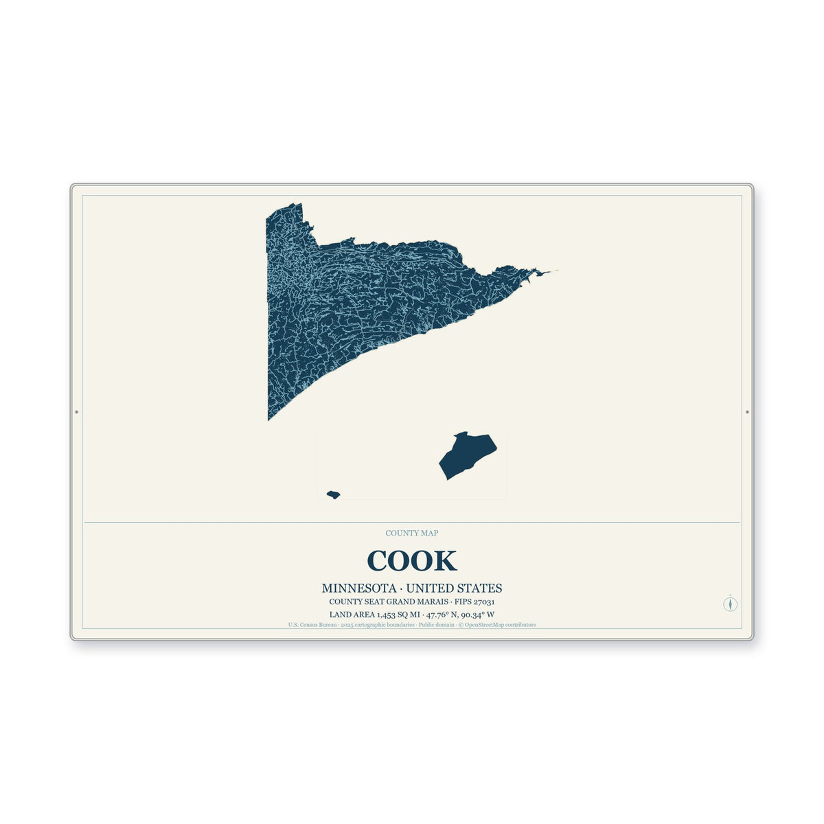 Cook County, Minnesota Map Aluminum Sign in Coastal Cutout style