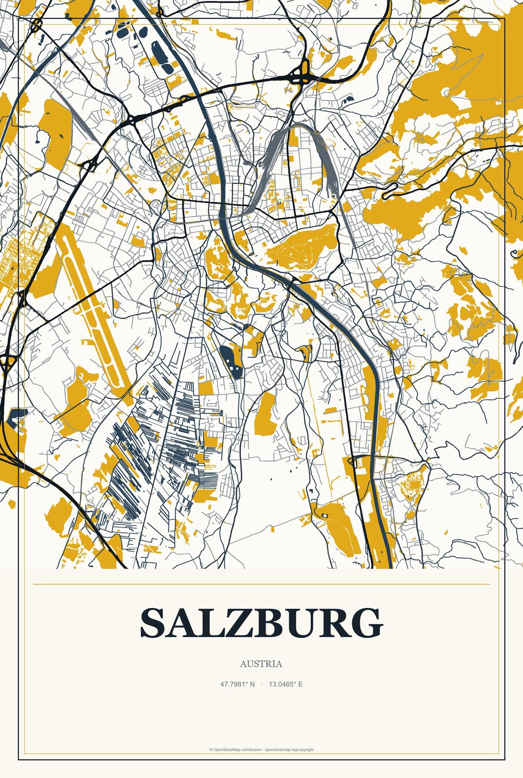 Salzburg, Austria City Map Aluminum Sign in Citrine Modern style