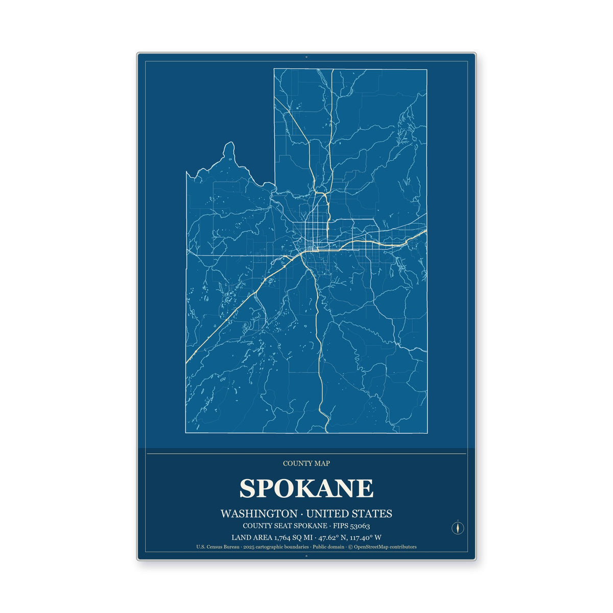 Spokane County, Washington Map Aluminum Sign in Harbor Cobalt style