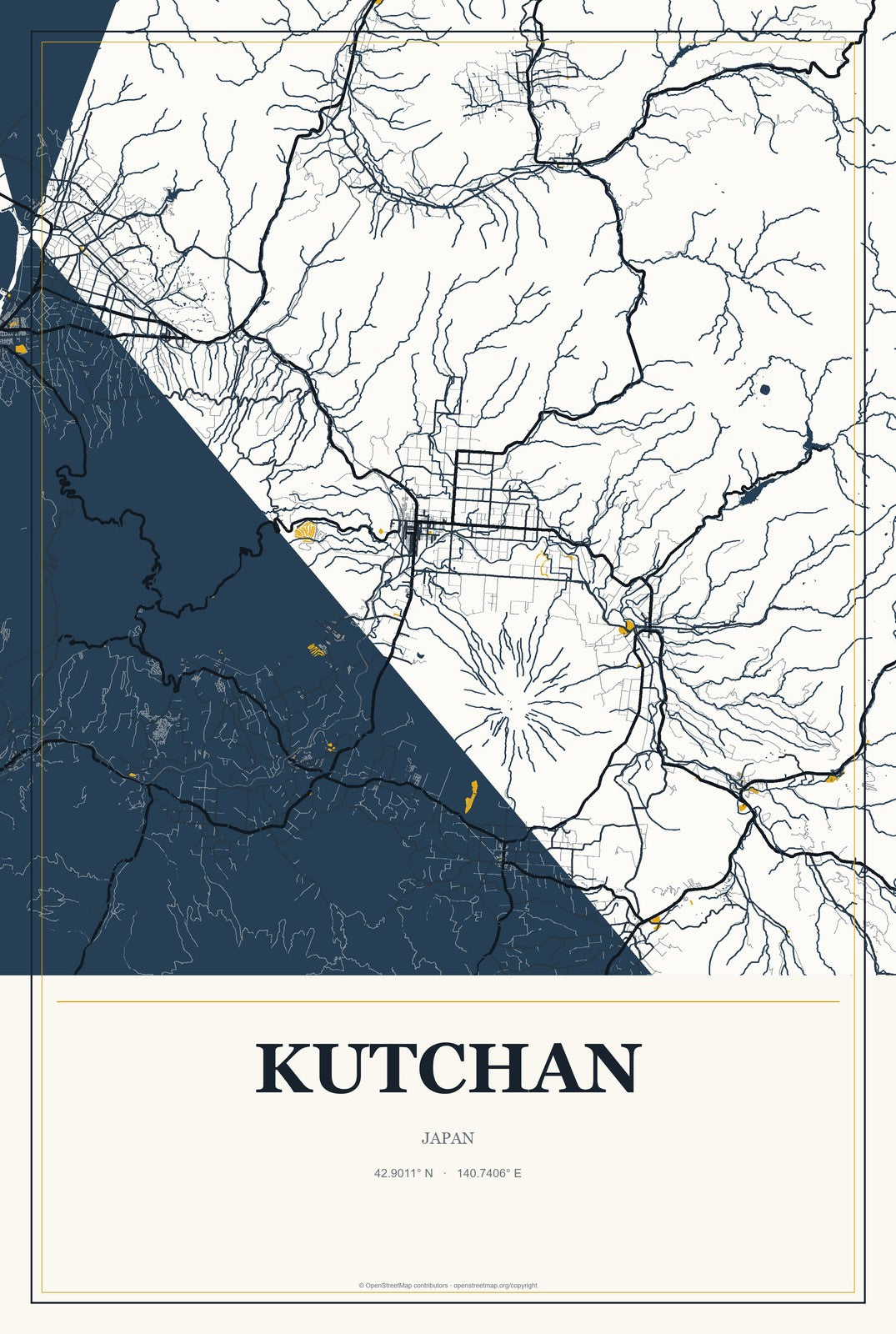 Kutchan, Japan City Map Aluminum Sign in Citrine Modern style