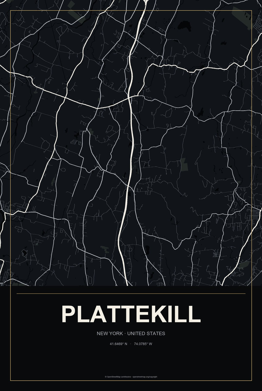 Plattekill, New York City Map Aluminum Sign in Metropolitan Noir style