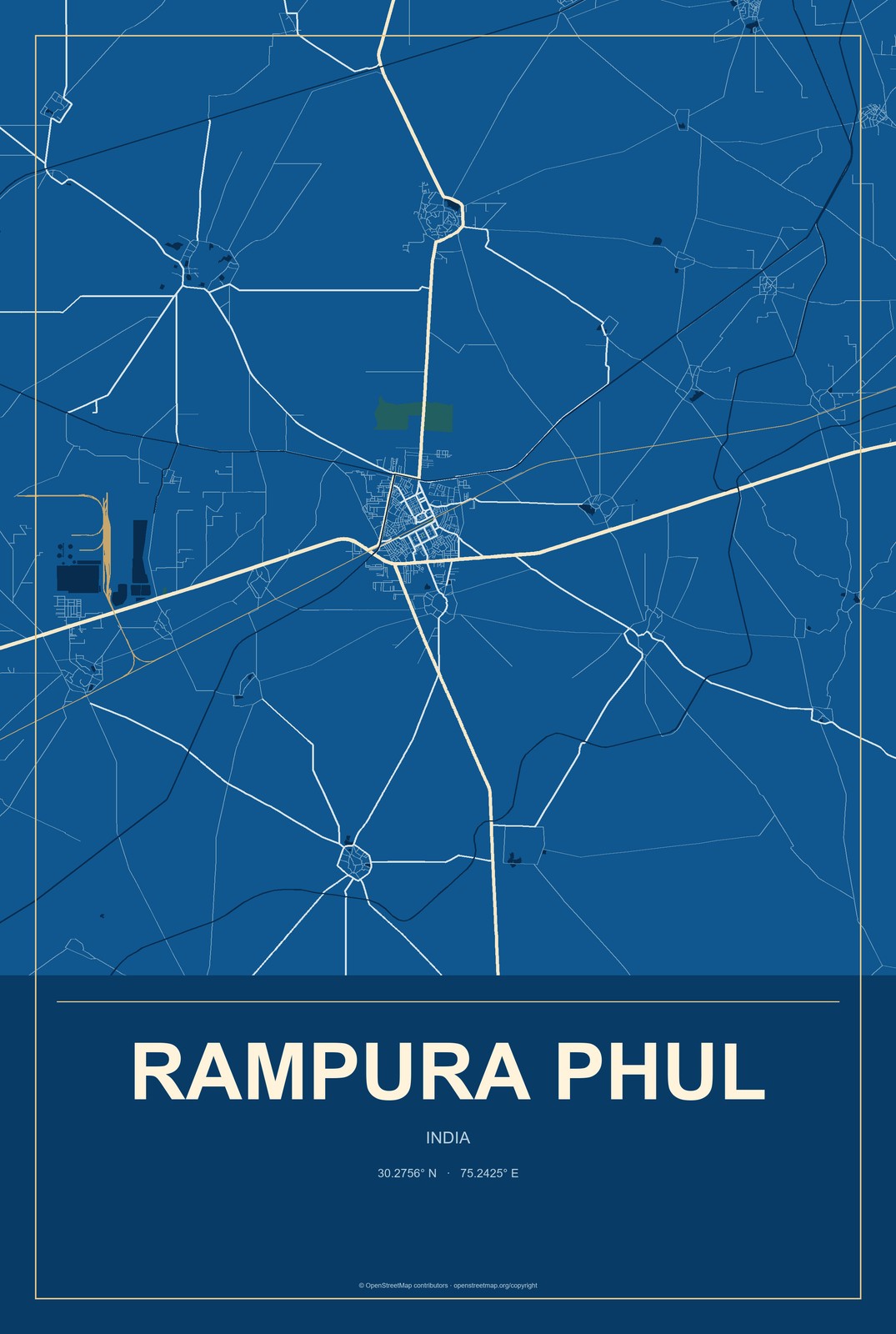 Rampura Phul, India City Map Aluminum Sign in Harbor Cobalt style