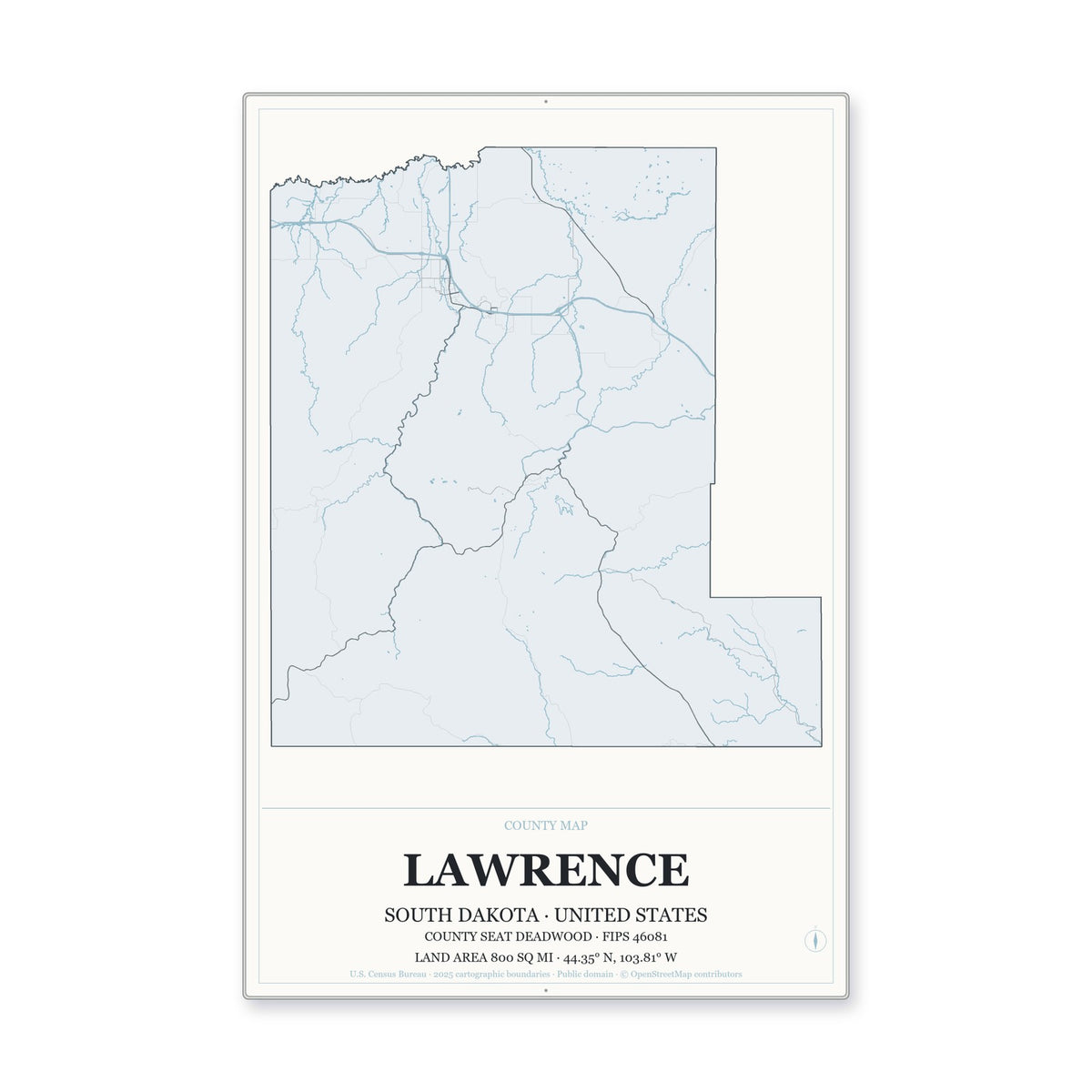 Lawrence County, South Dakota Map Aluminum Sign in Gallery Air style