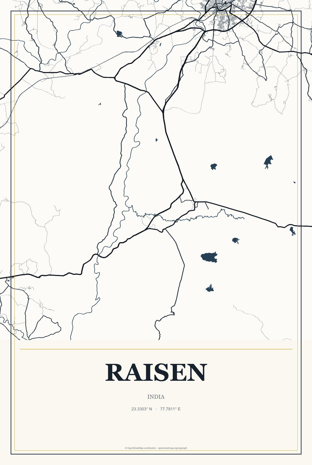 Raisen, India City Map Aluminum Sign in Citrine Modern style