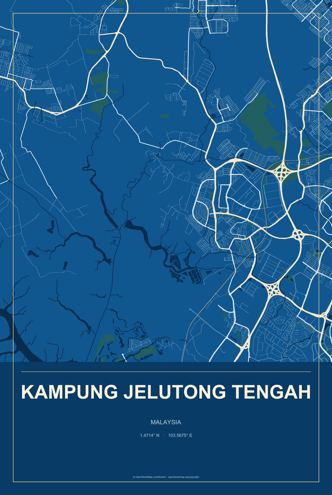 Kampung Jelutong Tengah, Malaysia City Map Aluminum Sign in Harbor Cobalt style