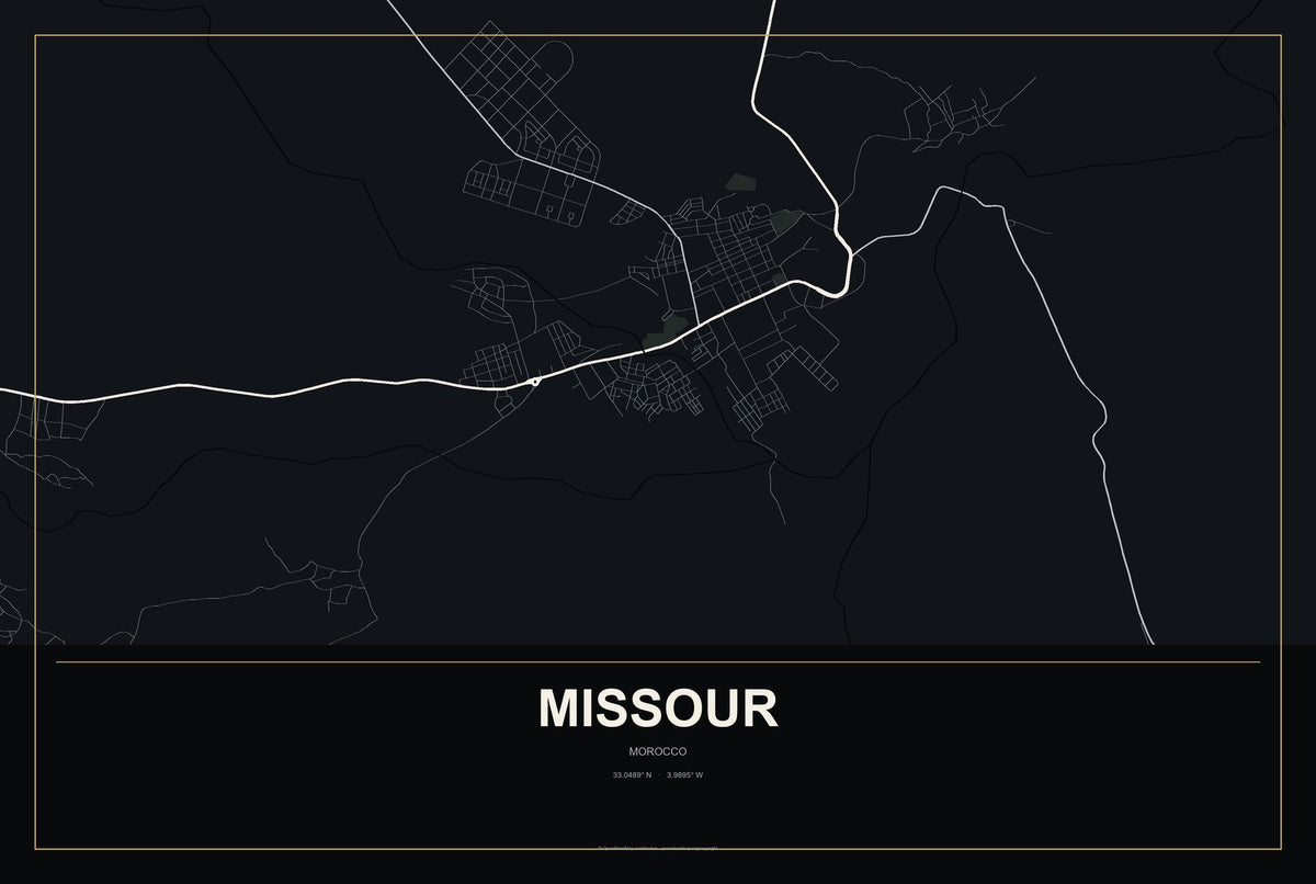 Missour, Morocco City Map Aluminum Sign in Metropolitan Noir style