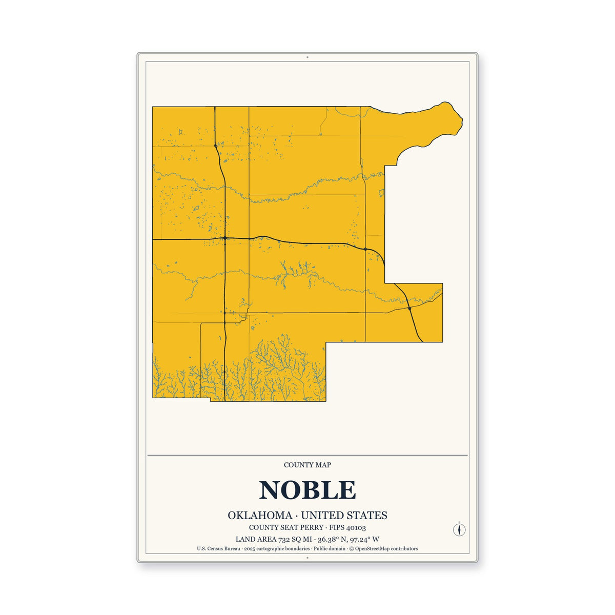 Noble County, Oklahoma Map Aluminum Sign in Citrine Modern style
