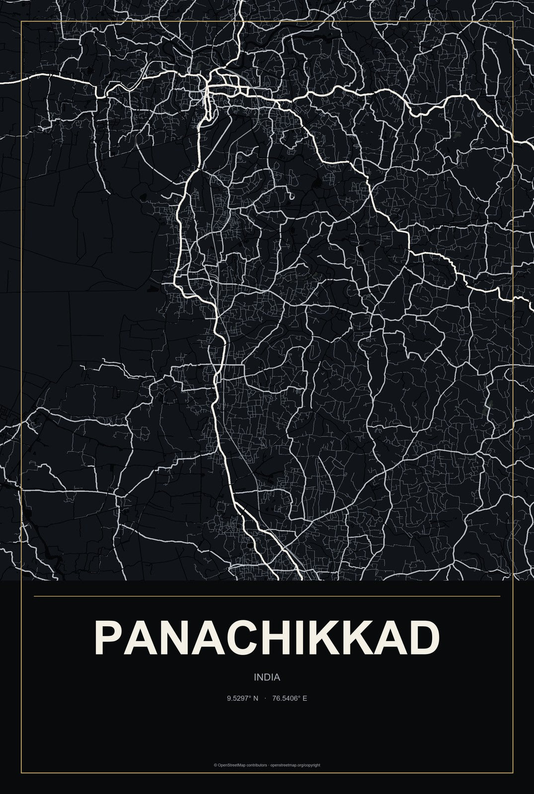 Panachikkad, India City Map Aluminum Sign in Metropolitan Noir style