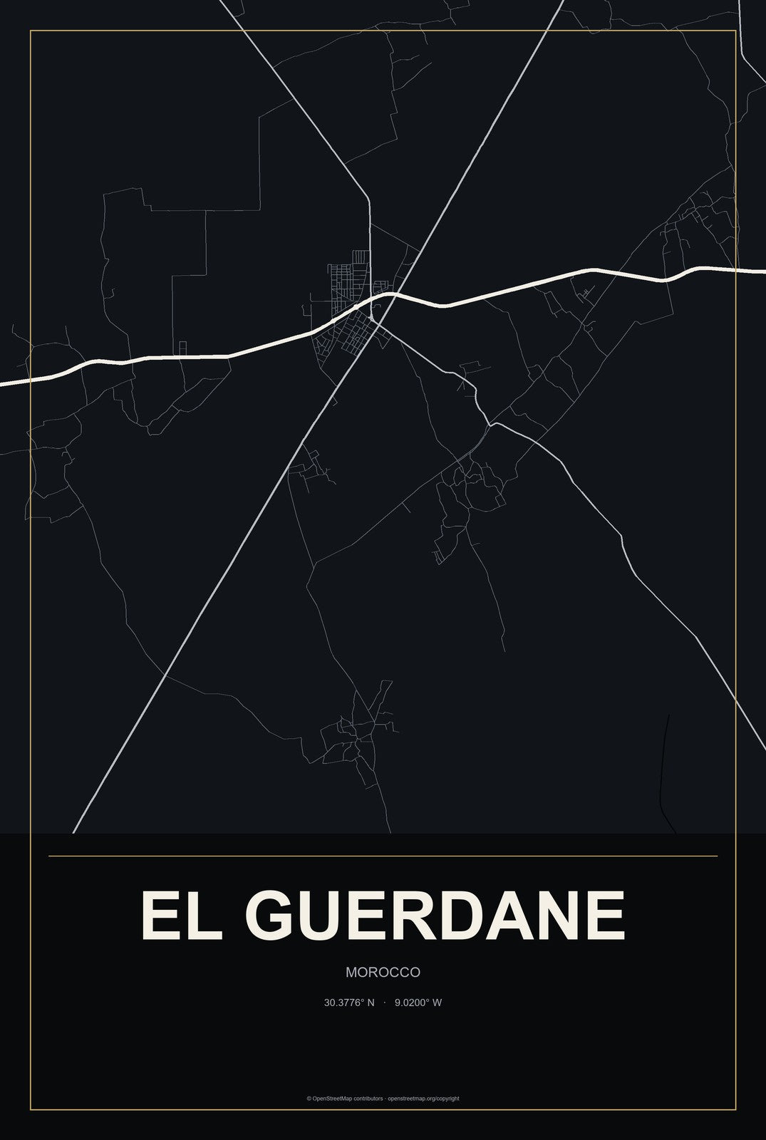 El Guerdane, Morocco City Map Aluminum Sign in Metropolitan Noir style