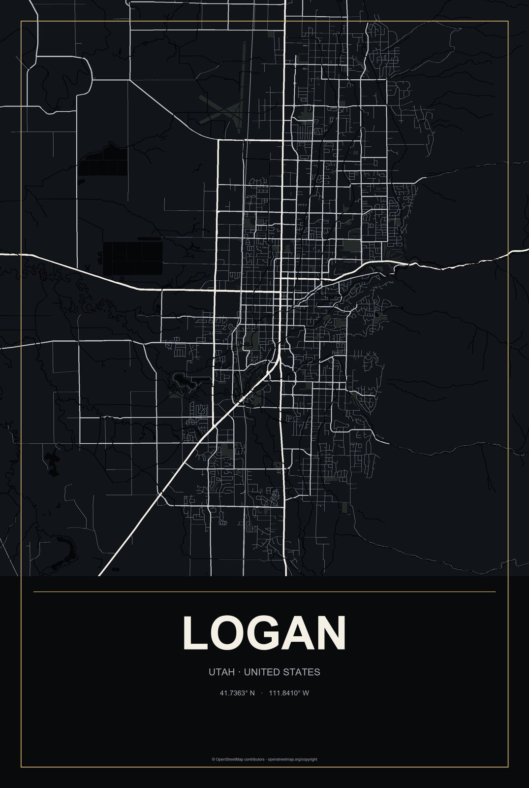 Logan, Utah City Map Aluminum Sign in Metropolitan Noir style