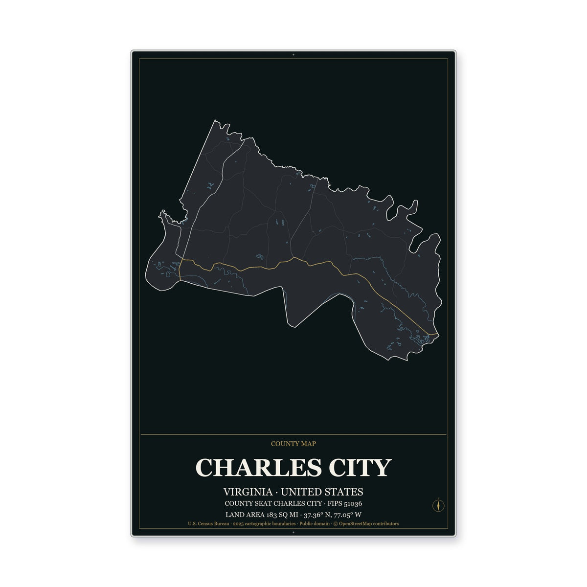 Charles City County, Virginia Map Aluminum Sign in Metropolitan Noir style