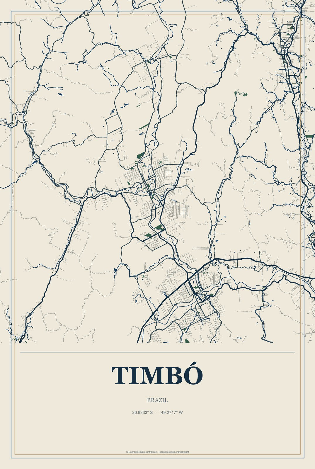 Timbó, Brazil City Map Aluminum Sign in Coastal Cutout style