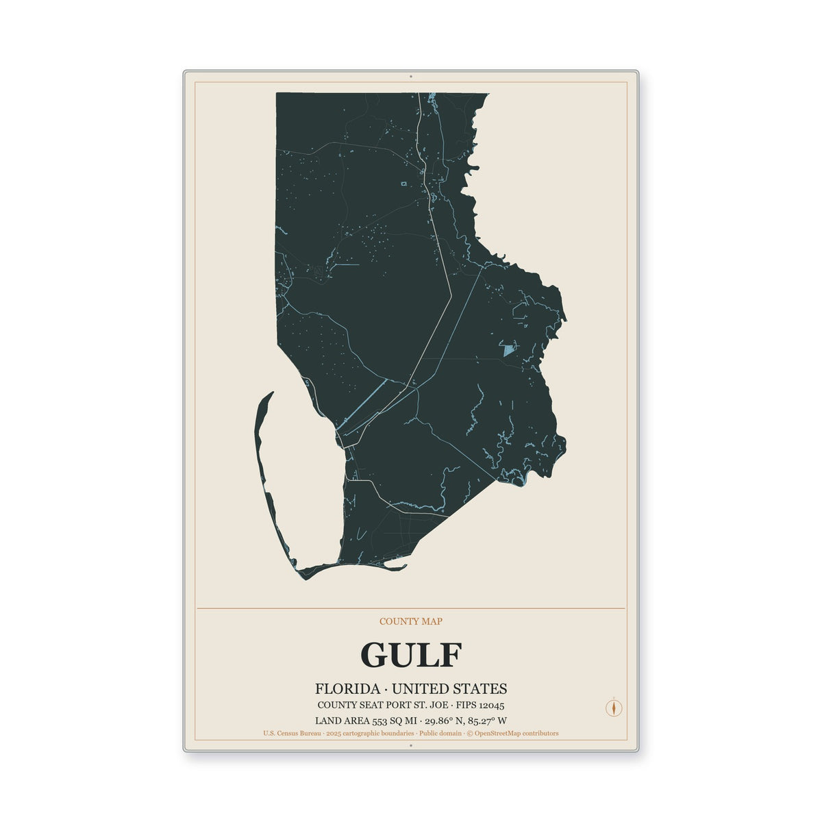 Gulf County, Florida Map Aluminum Sign in Headline Atlas style