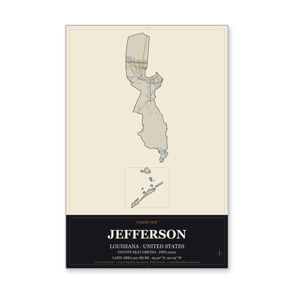 Jefferson Parish, Louisiana Map Aluminum Sign in Museum Plaque style