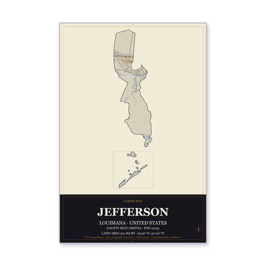 Jefferson Parish, Louisiana Map Aluminum Sign in Museum Plaque style