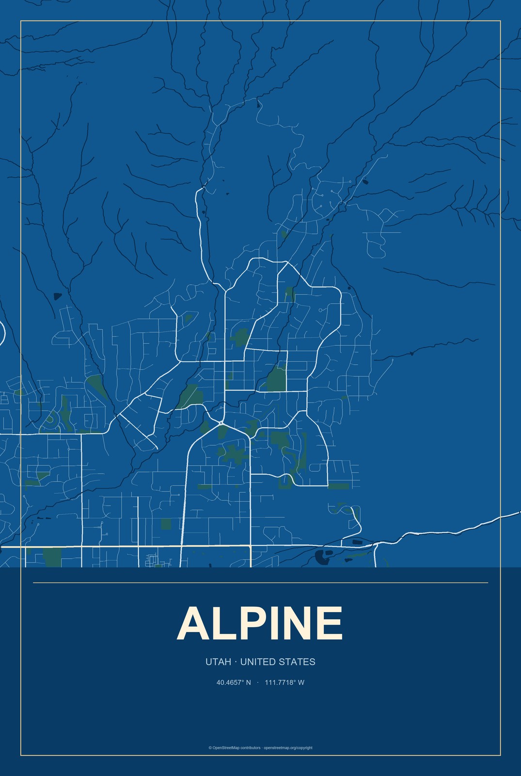 Alpine, Utah City Map Aluminum Sign in Harbor Cobalt style