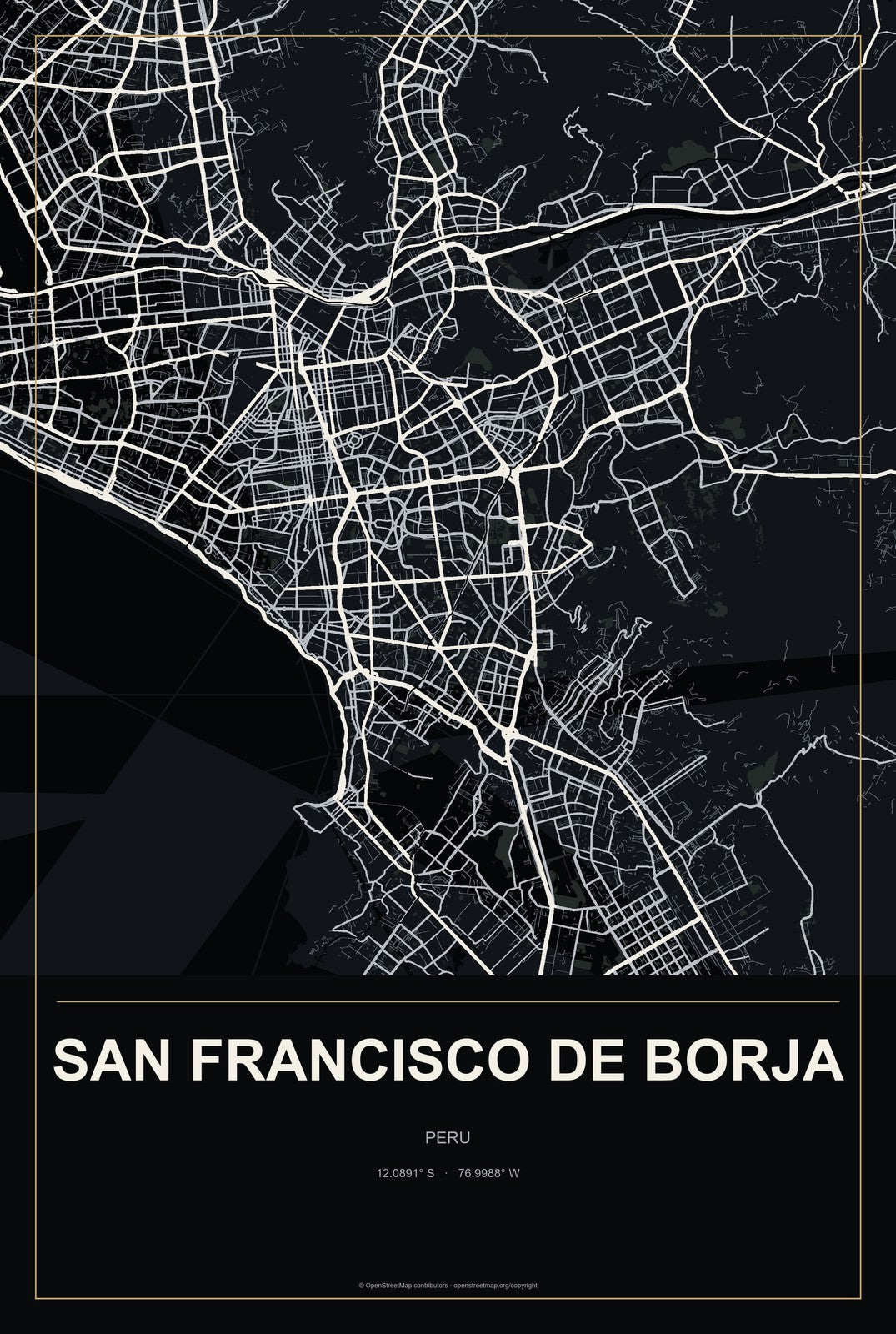 San Francisco De Borja, Peru City Map Aluminum Sign in Metropolitan Noir style