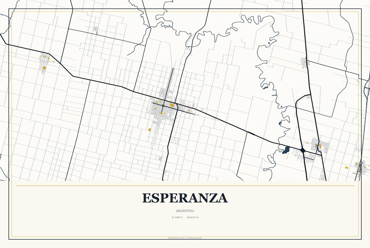 Esperanza, Argentina City Map Aluminum Sign in Citrine Modern style