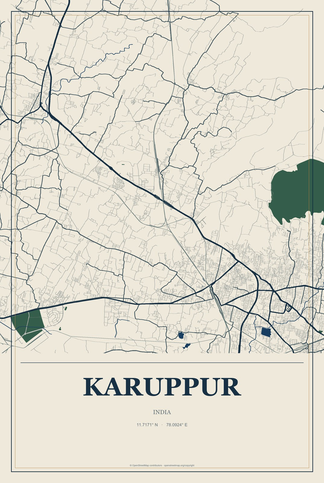 Karuppur, India City Map Aluminum Sign in Coastal Cutout style